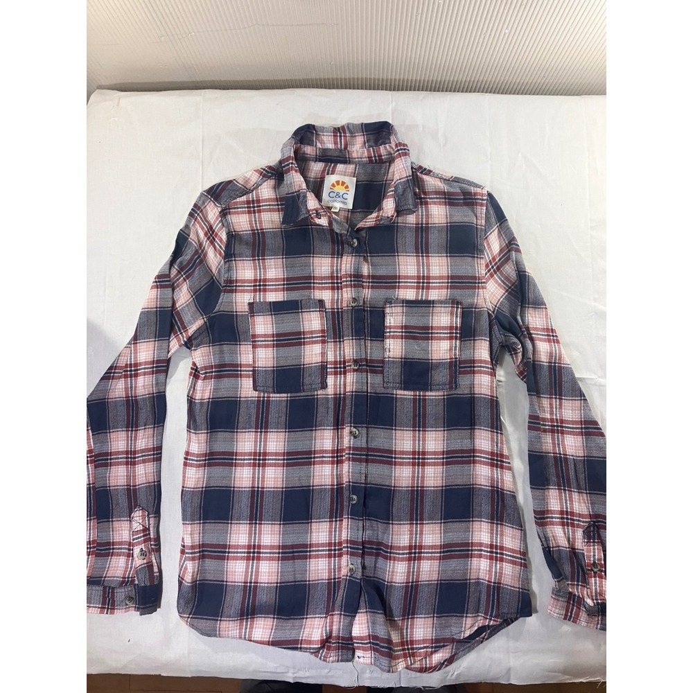 C&C California Plaid Flannel Shirt Womens‎ Medium Long Sleeve Rayon Polyester
